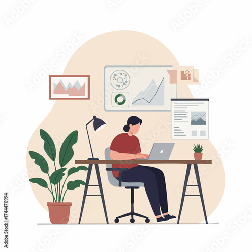 Minimalist Flat Illustration Woman Working at Home Office Workspace Scene
