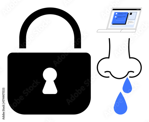 Black lock for security, nose with droplets for data leaking symbolism, laptop screen for technology. Ideal for privacy, security, hacking, identity protection, cyber safety, data vulnerability