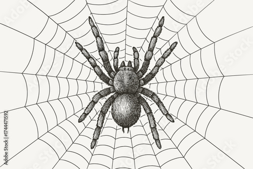 spider with web engraving sketch black and white vector illustration