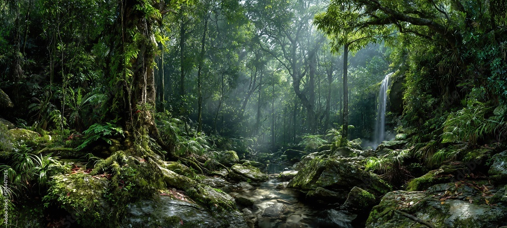 Obraz premium Misty Rainforest Waterfall