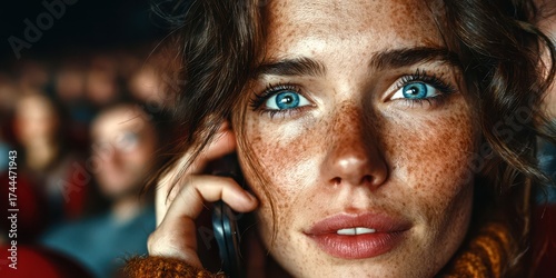 Young woman with striking eyes enjoys a call in a crowded theater during a captivating performance