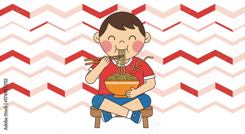 A Joyful Child Enjoying Delicious Noodles With Chopsticks, Eating Asian Food Delights