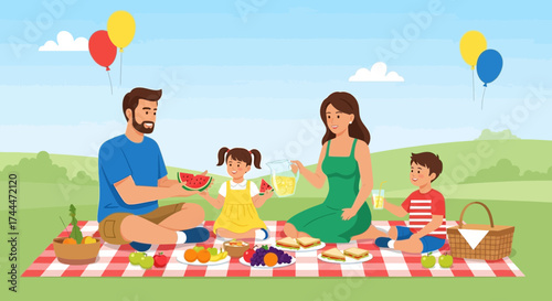 A Joyful Family Enjoying A Picnic Outdoors On A Sunny Day With Food And Balloons