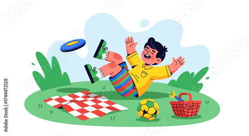 A joyful illustration of a child playing frisbee with picnic elements in cartoon vector style