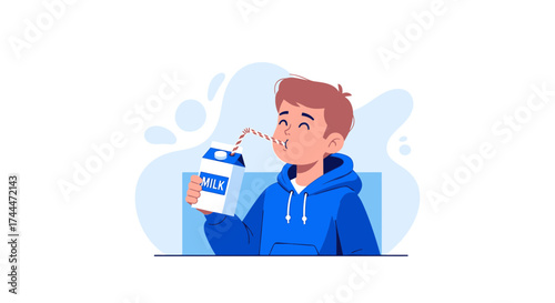 A Joyful Kid Drinking Milk From A Carton, An Illustration Of Healthy Habit