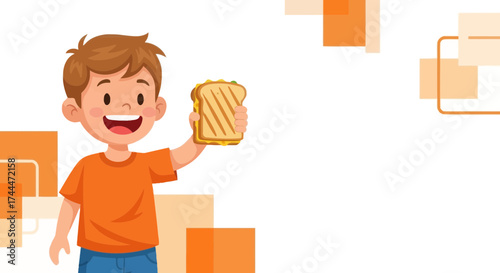 A Joyful Kid Displays a Perfectly Toasted Sandwich Expressing Energetic Anticipation