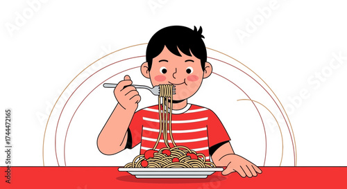 A Joyful Young Person Is Happily Eating A Plate Of Delicious Spaghetti
