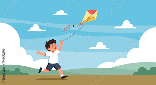A joyful young boy playfully running outdoors while flying a colorful kite in the bright blue sky