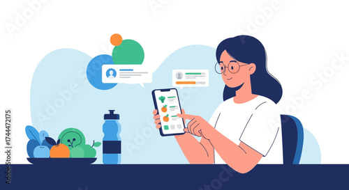 A Lady Managing Diet With Mobile Application Interface Demonstrating Healthy Lifestyle