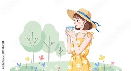 A lovely cartoon woman enjoying a drink in a garden wearing a sun hat in summer