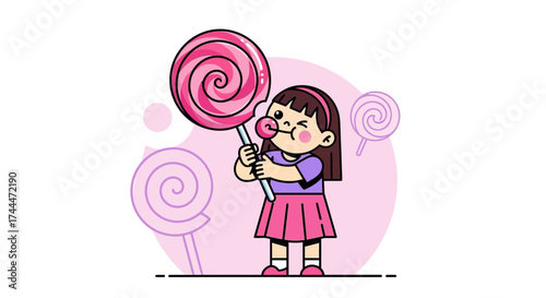 A Little Girl Enjoying A Giant Pink Swirl Lollipop In A Cartoonish Composition