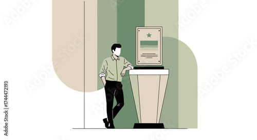 A Man Admiring Award Standing Beside Modern Style Podium with Textured Background