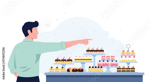 A man choosing a cake from a selection of pastries, vector illustration