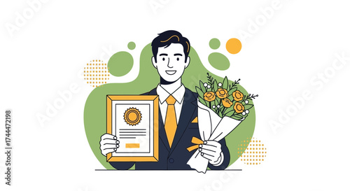 A Man Celebrating an Achievement with a Certificate and a Bouquet, Vector Illustration