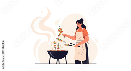 A woman grilling kebabs outdoors, perfect for summer bbq and cooking illustrations