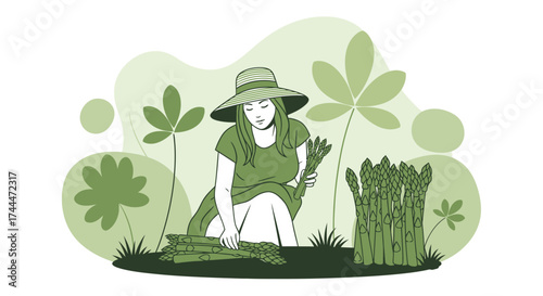 A Woman Harvesting Fresh Asparagus In A Garden With A Neutral Color Palette