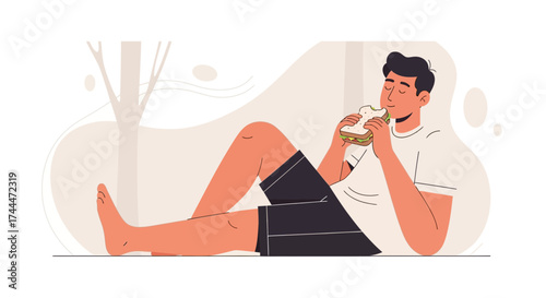 A man enjoying a sandwich indoors, illustration depicting leisure and relaxation activities