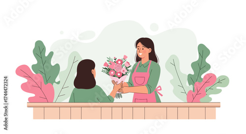 A Woman Gives A Blooming Bouquet Flowers To Another Persona, Presenting Happiness and Gratitude