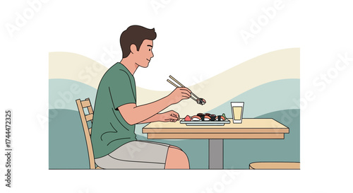 A man enjoying sushi at a restaurant, illustrated in a clean and minimalist style
