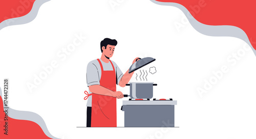 A man in a red apron cooking in a kitchen illustration in a flat design style