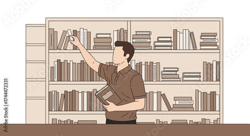 A man in a library selecting a book from the bookshelf illustration