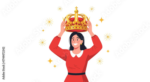 A woman holding a golden crown above her head expressing victory and success