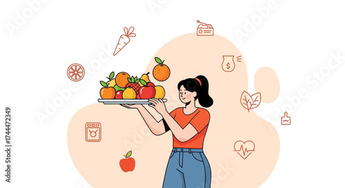 A woman holding a tray of fresh fruits promoting healthy eating and wellness
