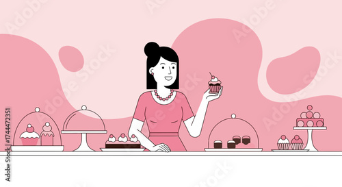 A woman holding a cupcake in a bakery themed illustration with cakes and pastries