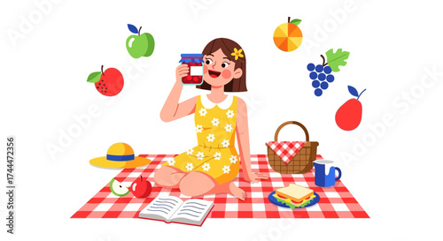 A pleasant picnic scene depicting a girl enjoying food and reading a book on a sunny day
