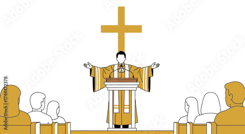 A priest delivering a sermon in a church in front of a congregation during a service