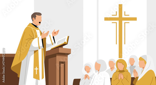 A Priest Delivering A Sermon And People Praying In A Church, Illustration Artwork