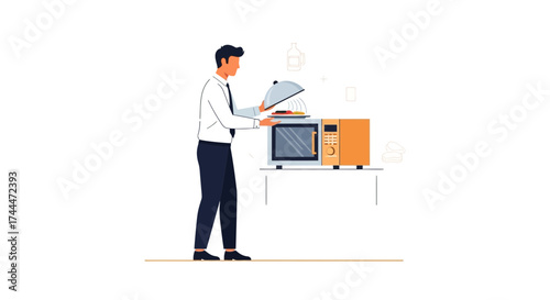 A man is opening a serving dish next to a microwave oven in a minimalist style