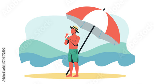 A Relaxing Summer Afternoon: Sipping Refreshment Under A Beach Umbrella In Sunshine