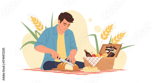 A Man Prepares A Picnic Meal, Slicing Bread, With Basket Full Of Provisions