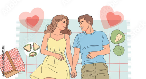 A romantic picnic illustration of a couple holding hands and enjoying quality time