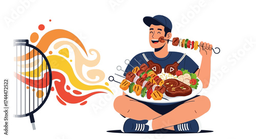A Man Preparing And Enjoying Delicious Barbecue Food With Creative Colorful Effects