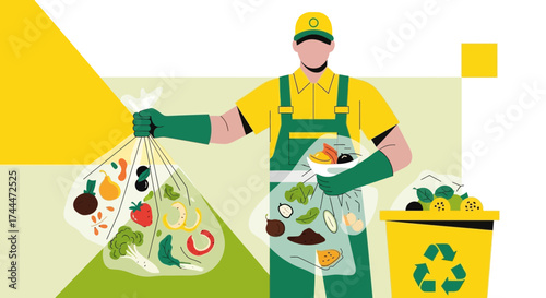 A sanitation worker collecting organic waste from a bag for recycling purposes illustration