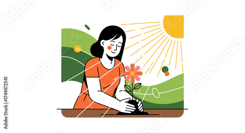 A serene moment of plant care: cultivating a flower under the warm summer sun