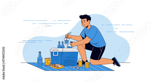 A man preparing drinks from a cooler for a picnic outdoor illustration