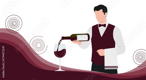 A Server Expertly Pouring Wine Into a Glass with Elegant Abstract Design