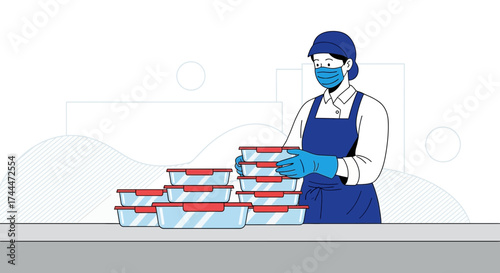 A service worker wearing a mask arranging food containers depicting safety measures