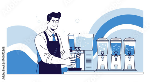 A Smiling Bartender Dispensing Refreshing Drinks From Beverage Dispensers Service