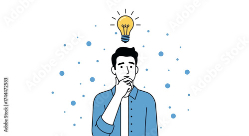 A Man Questioning Thinking Process With A Lightbulb Symbolizing Ideation And Solutions