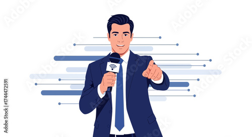 A Smiling News Reporter in a Suit Holding a Microphone and Pointing at the Viewer