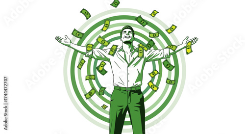 A Man Surrounded By Money Celebrating Success, Wealth, and Financial Freedom