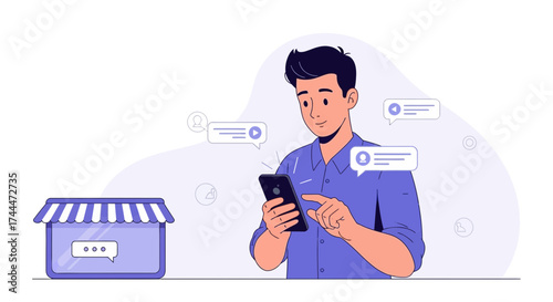 A man using his phone for online shopping or business communication with a chat bubble, online store icon displayed