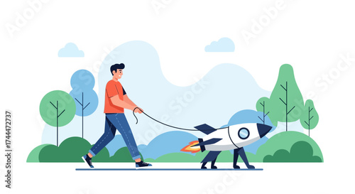 A Man Walking a Rocket, Representing a Unique Concept and Innovation Path