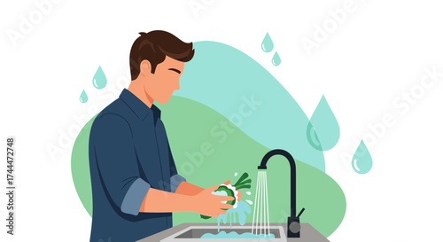 A man washing vegetables in a sink under the running water to prepare for cooking