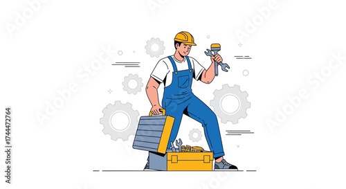 A Mechanic with Tools Standing Beside a Toolbox Ready for Repair Work or Construction