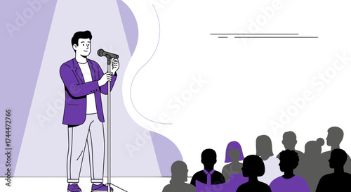 A speaker is giving a presentation to an audience on a stage with a microphone